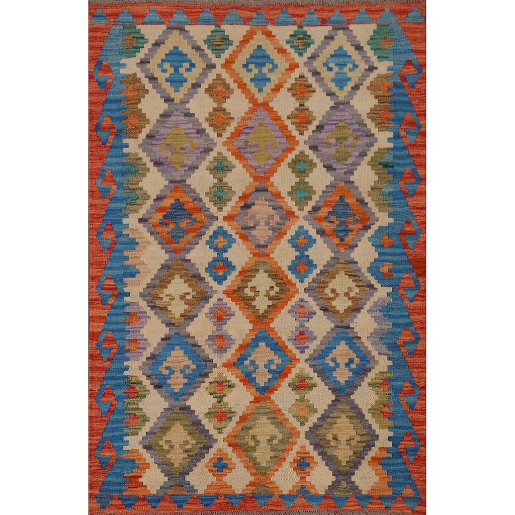 Geometric Kilim Area Rug Hand-woven Wool Carpet - 3'3" x 4'9"