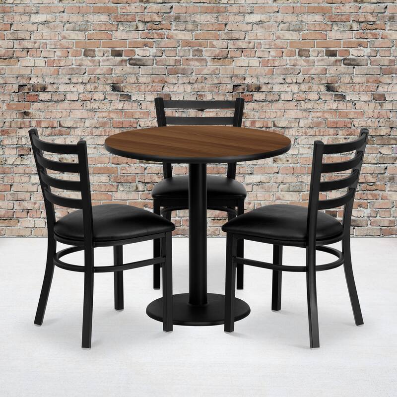 30" Round Walnut Laminate Table Set with 3 Metal Chairs - Vinyl Seat