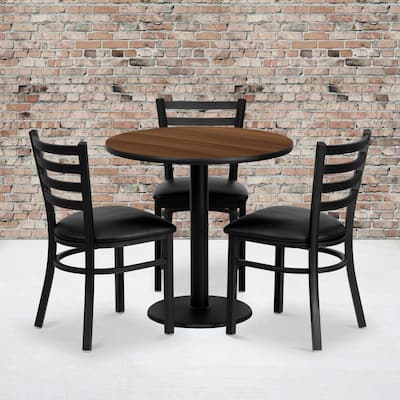 30" Round Walnut Laminate Table Set with 3 Metal Chairs - Vinyl Seat