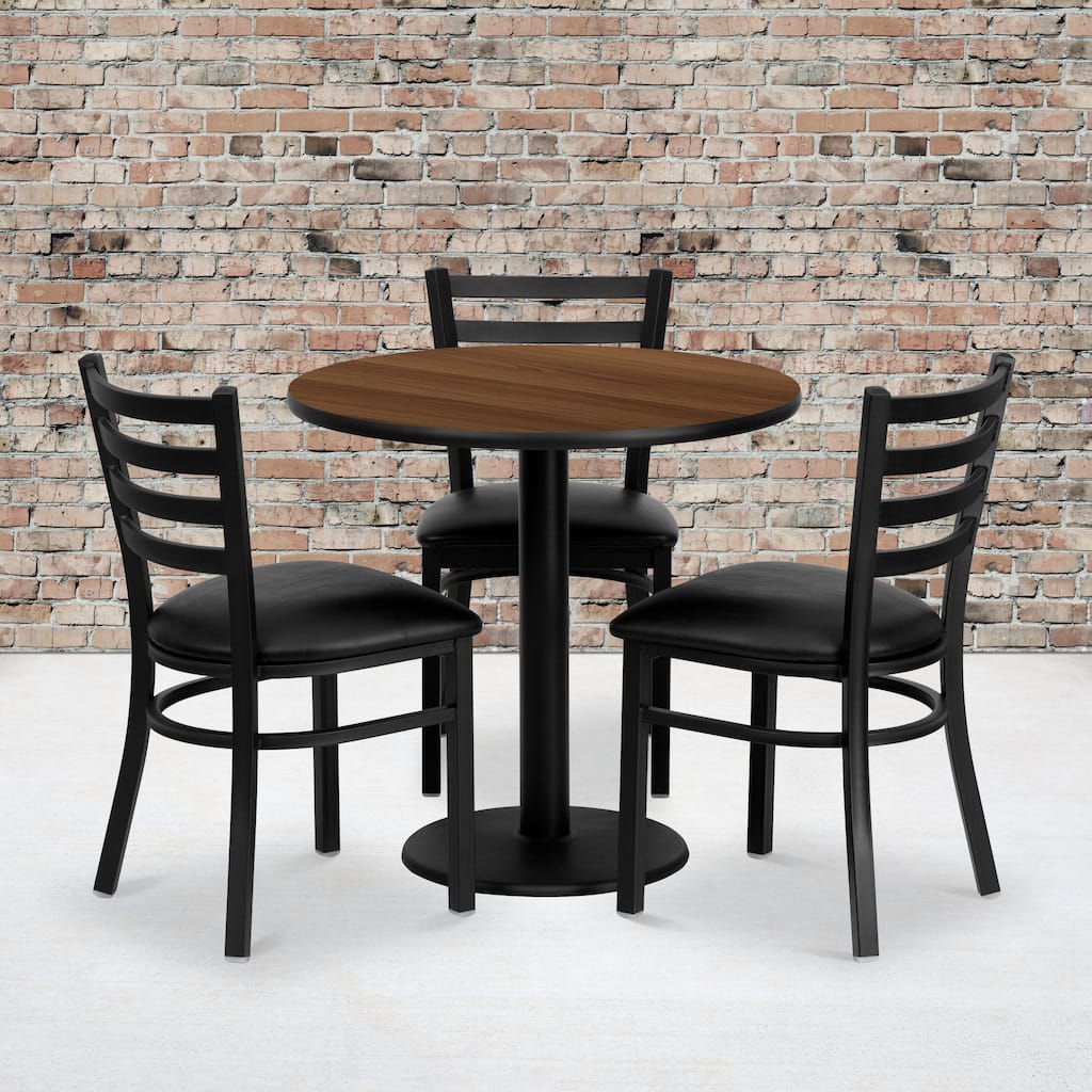 30" Round Walnut Laminate Table Set with 3 Metal Chairs - Vinyl Seat