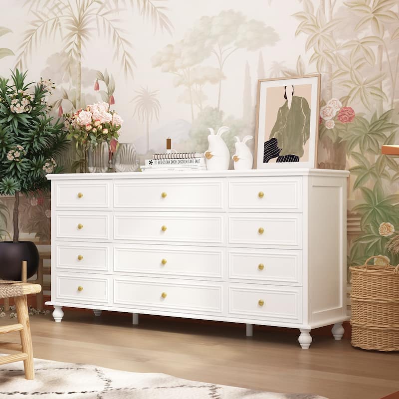63" Wide 9/12 Drawer Dresser for Bedroom, Modern Farmhouse Double Dresser with Gold Knobs, Large Storage Chest - White - 12-drawer