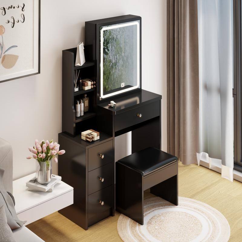 Modern Style Wood Make up Vanity with Lights,Make up Organizer with Cushioned Stool
