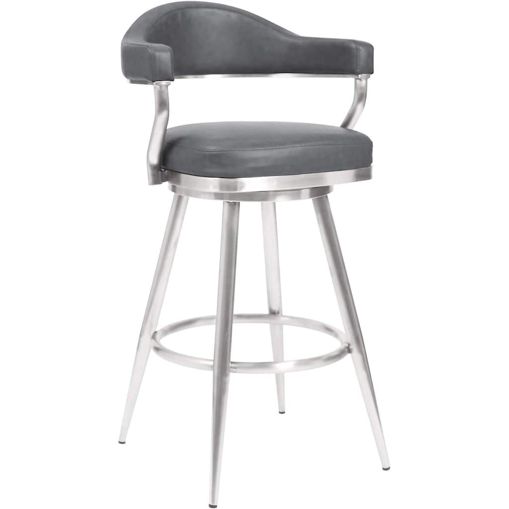26 Inch Counter Height Bar Stool with Brushed Steel Frame and Grey Faux Leather Seat, Modern Kitchen Island Stool