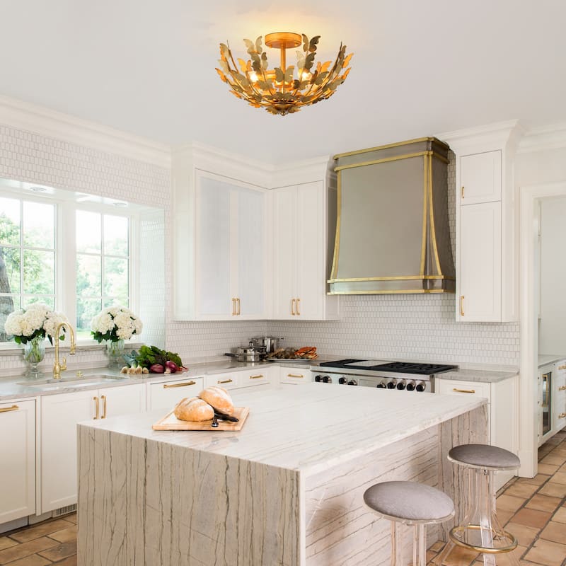 Antique Gold Butterfly Bowl 4-Light Semi Flush Mount Ceiling Light - 17.7"Wx10.4"H