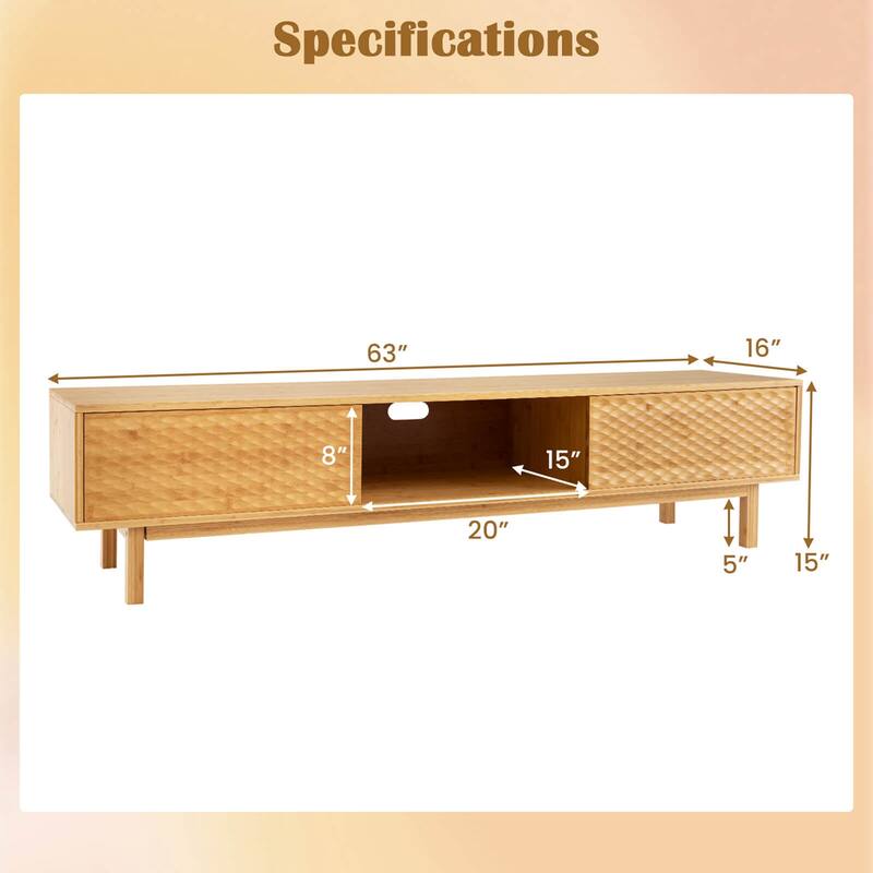Costway 63" Bamboo TV Stand with 3 Storage Cubes Sliding Doors Mid - See Details
