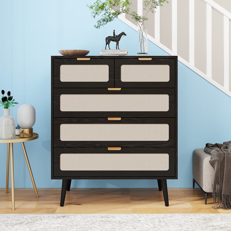 Natural Rattan 5 Drawer Cabinet, Accent Storage Cabinet