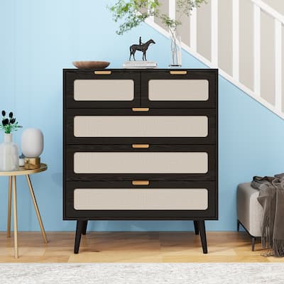 Natural Rattan 5 Drawer Cabinet, Accent Storage Cabinet