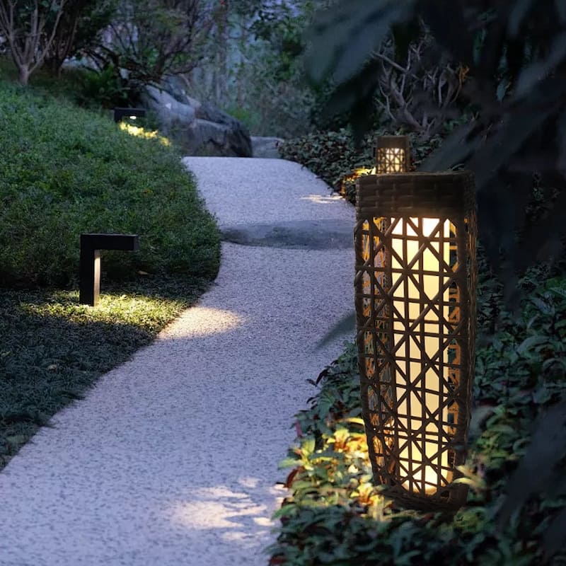 Tall Solar Floor Lantern Outdoor Rattan Light 7"x7"x27" Weatherproof