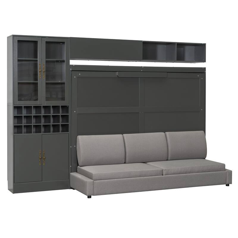 Queen Size Wall Bed with Sofa, Shelves, USB & Light in Gray