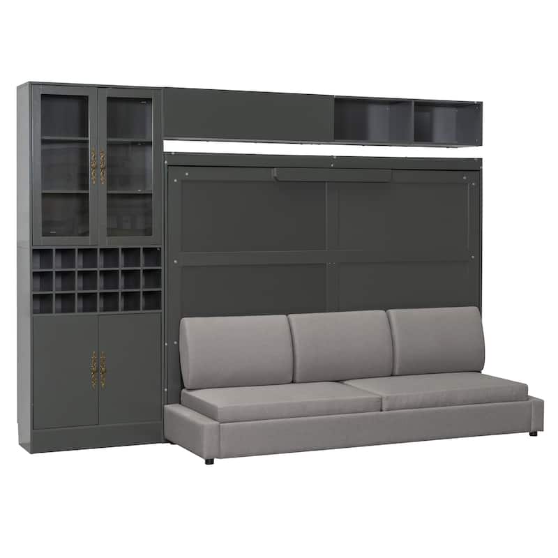Roomfitters Full/Queen Size Murphy Bed Wall Bed with Sofa, Storage Shelves, USB Ports and Lighting