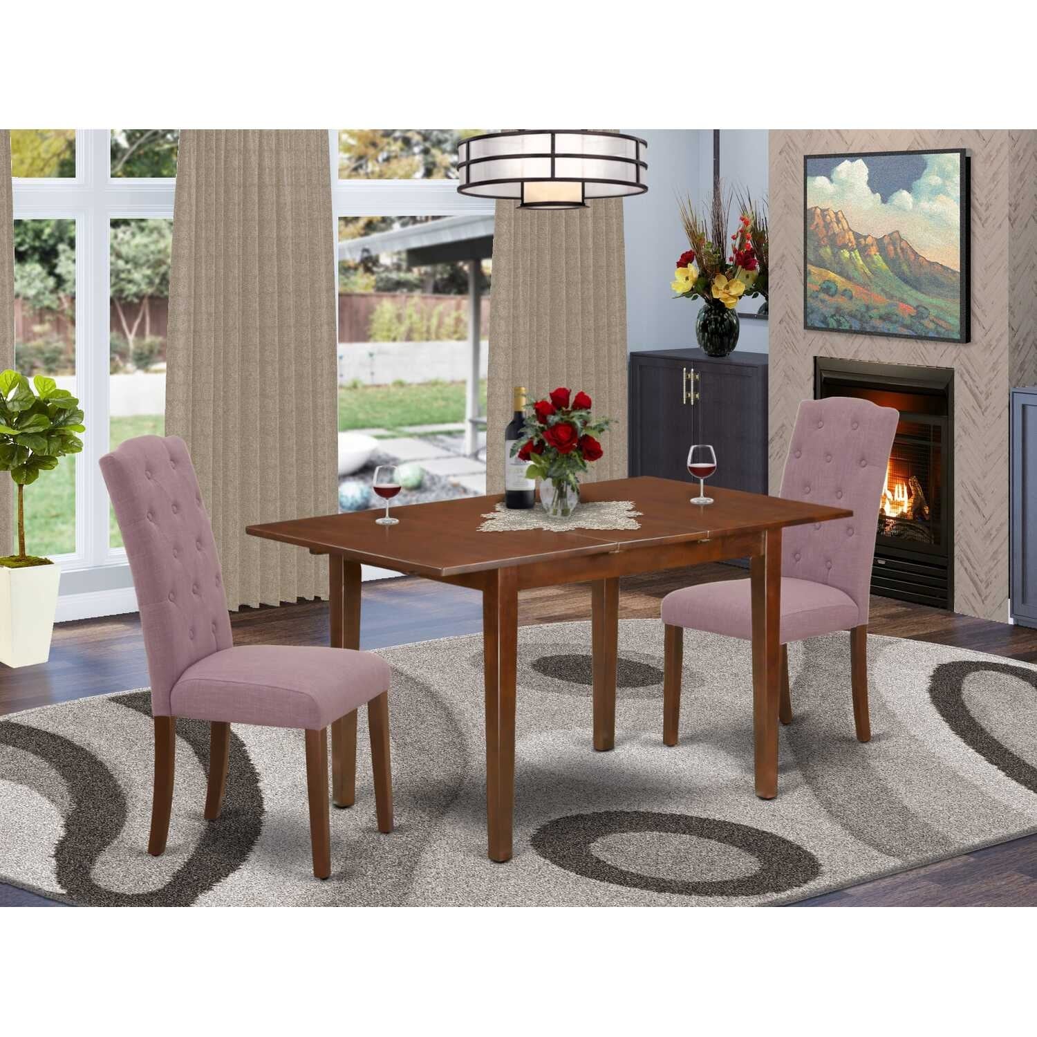 HomeStock 3-Piece Mahogany Finish Rectangular Solid Wood Top with Butterfly Leaf Dining Table Set