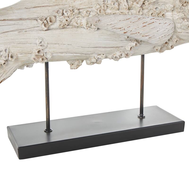 Cream Polystone Textured Fish Decorative Sculpture with Brown Distressing and Black Metal Stand