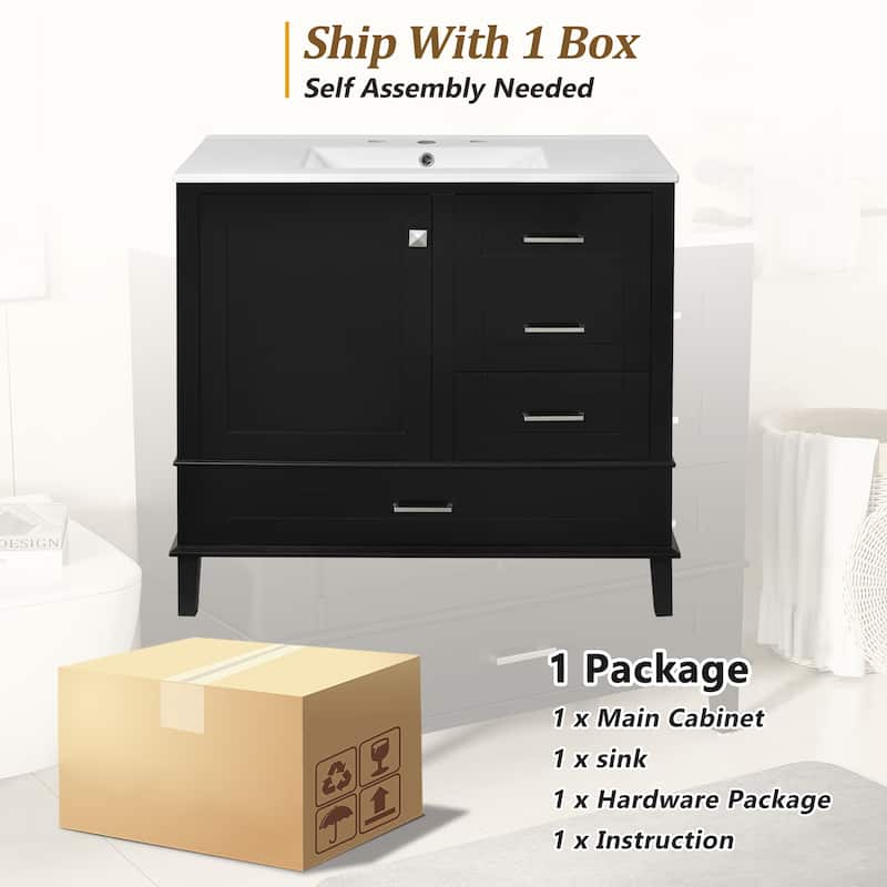 GDFStudio - Aurea Wood & Ceramic 36" Bathroom Vanity with Sink, Soft-Close Door & 3 Drawers