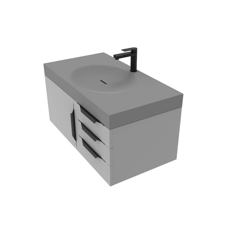 Thames 36" Shallow Basin Wall Mounted Bathroom Vanity Set w/ Gray Top