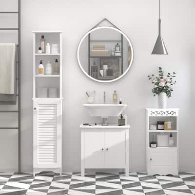 White Tall Bathroom Cabinet with Adjustable Shelves Six Storage Grids and Space Saving Design - 13.5" W x 7.75" D x 65" H