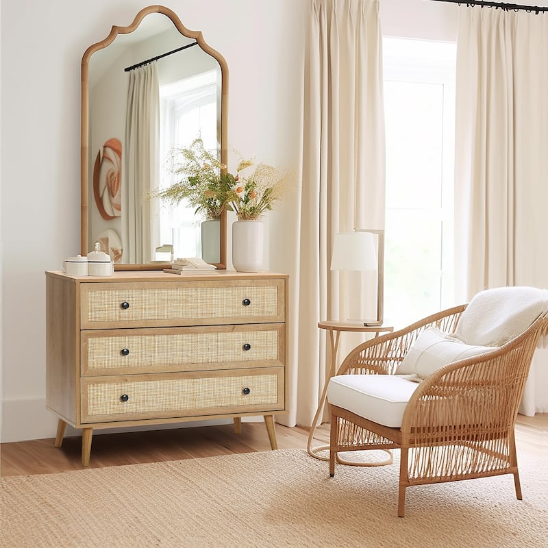 35" Wide 3-Drawer Rattan Light Oak Finish Wood Dresser