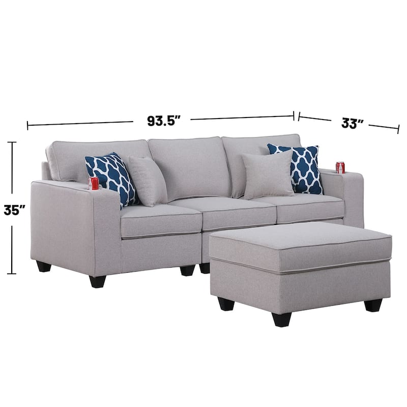 Linen Upholstered Sofa with Ottoman in Light Gray