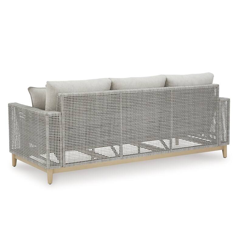 Yami 83 Inch Outdoor Sofa, 4 Accent Throw Pillows, Gray Resin Wicker