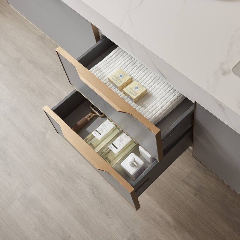 Alicante 84" Double Vanity in Grey with Sintered Stone Top, Mirror
