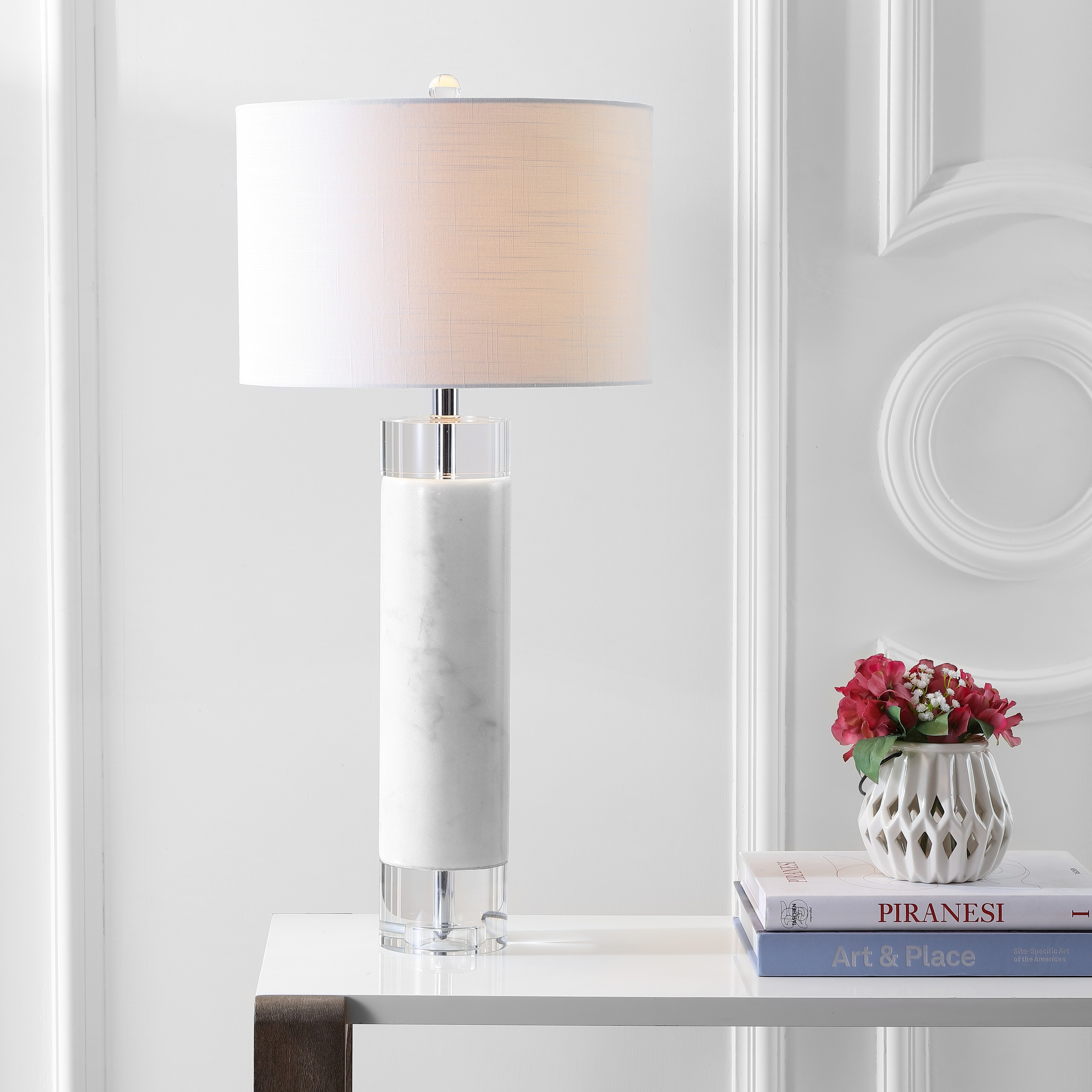 JONATHAN Y Claire 32" Marble/Crystal LED Table Lamp, White