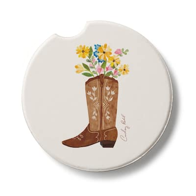 Western Cowgirl 2 Pack Absorbent Stone Coaster for Vehicle Cup Holder 2.6” Diameter Manufactured in The USA
