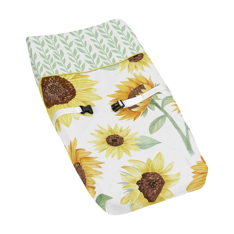 Sweet Jojo Designs Yellow and Green White Boho Floral Sunflower Collection Girl Changing Pad Cover - Farmhouse Watercolor Flower