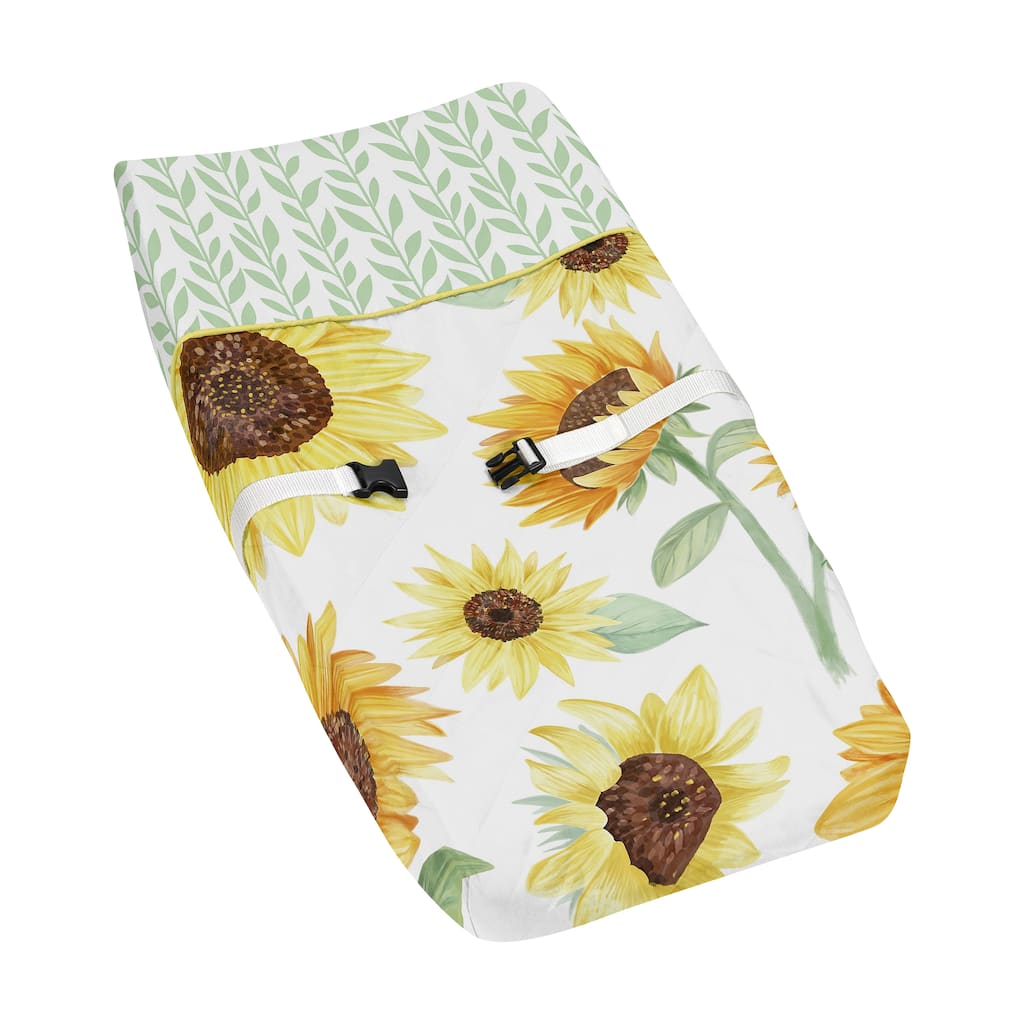 Sweet Jojo Designs Yellow and Green White Boho Floral Sunflower Collection Girl Changing Pad Cover - Farmhouse Watercolor Flower