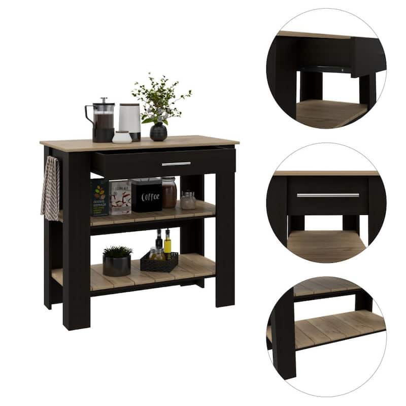Cala Kitchen Island 40, Two Shelves, One Drawer, Four Legs -Black / Light Oak - Multi