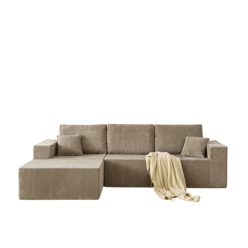 Modular L Shaped Sectional Sofa with Ottoman, Corduroy Boneless Cloud Sofa, 3 Seater Upholstered Sofa with 2 Pillows
