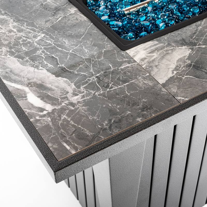 GDFStudio - Callahan 42" Steel Outdoor Fire Pit Table with Marble Tile Top, Glass Wind Guard & 50,000 BTU Flame