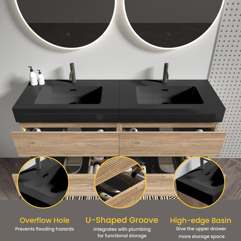 GDFStudio - Grace Wall-Mounted Bathroom Vanity with Engineered Quartz Sink & Soft Close Drawers, without Drainage and Faucet