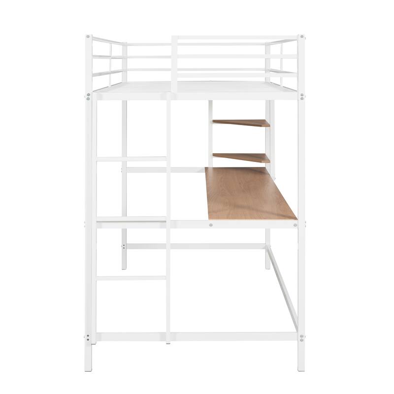 White Twin Metal Loft Bed with Integrated Desk and Shelves