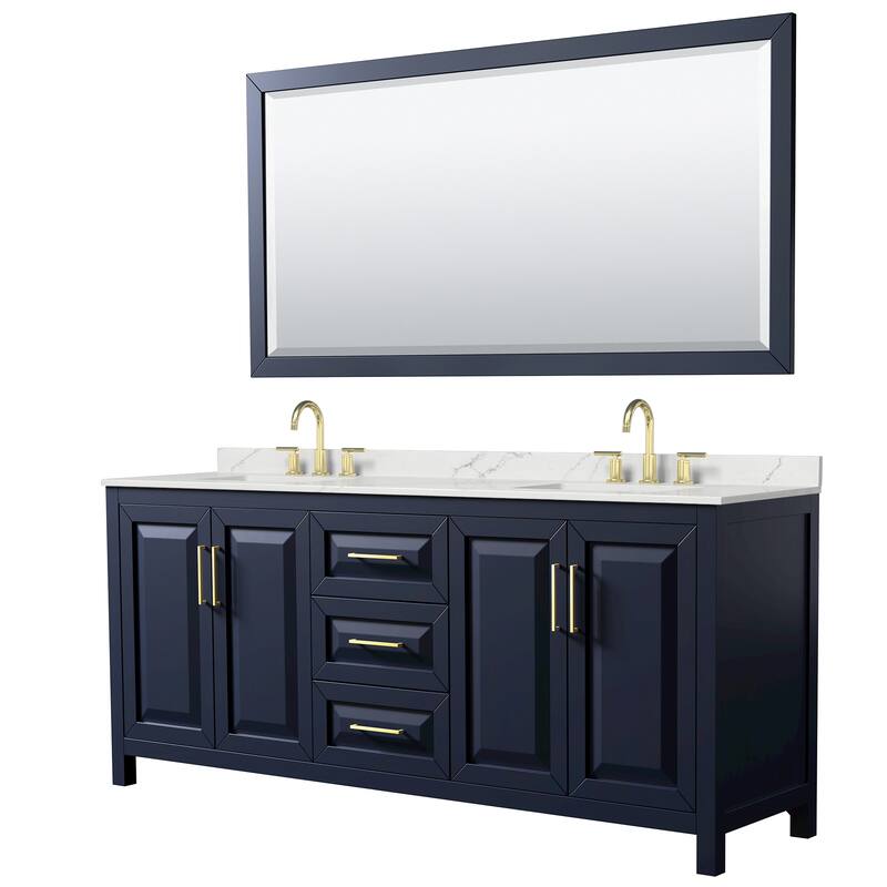 Daria 80-inch Double Vanity, 3 Hole Quartz Top, 70-inch Mirror - Dark Blue, Gold Trim, Giotto Quartz Top