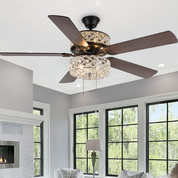 slide 14 of 16, River of Goods Olivia Oil Rubbed Bronze Finish/ Crystal 52-inch LED Ceiling Fan - 52"L x 52"W x 18.25"H - 52"L x 52"W x 18.25"H Pull Chain