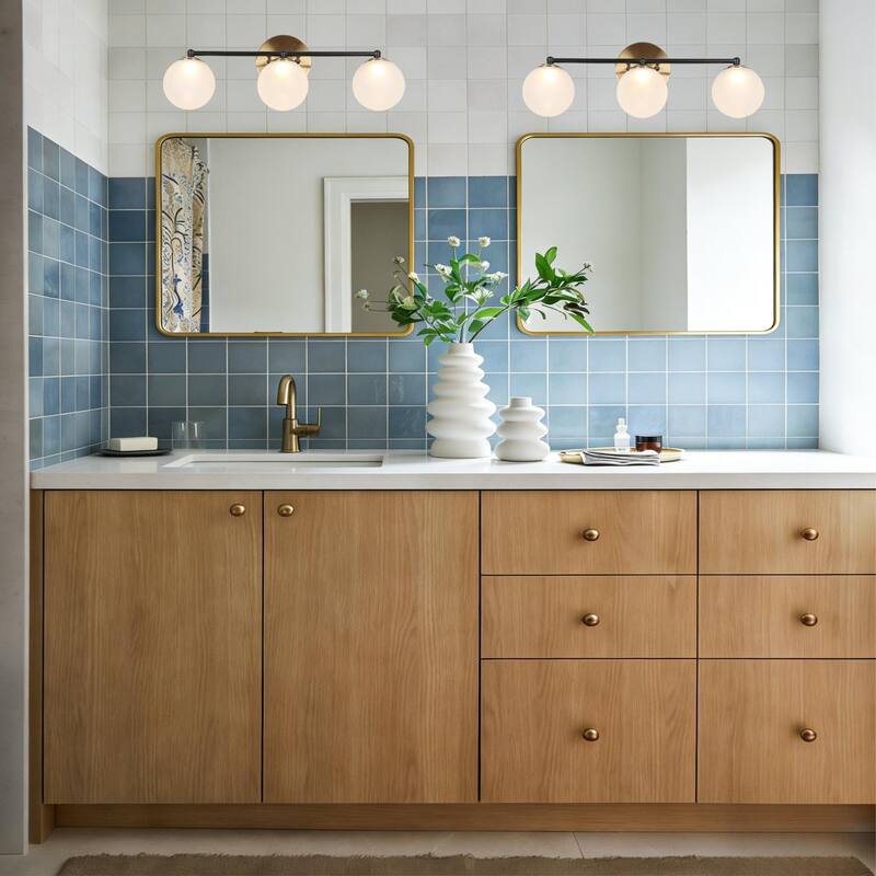 Modern 3-Light LED Bathroom Vanity Light in Black Brass with Frosted Glass Globe Shades