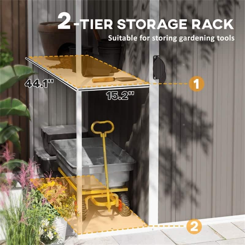 Outdoor Tool Shed 7x4 ft with Two-Tier Storage Rack and Sloped Roof - 96.5" W x 46.1" D x 63.4"/70.9" H