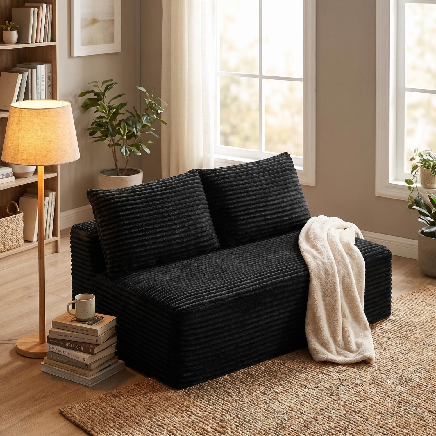 57.5" Corduroy 2-Seater Armless Sofa, No Assembly Required