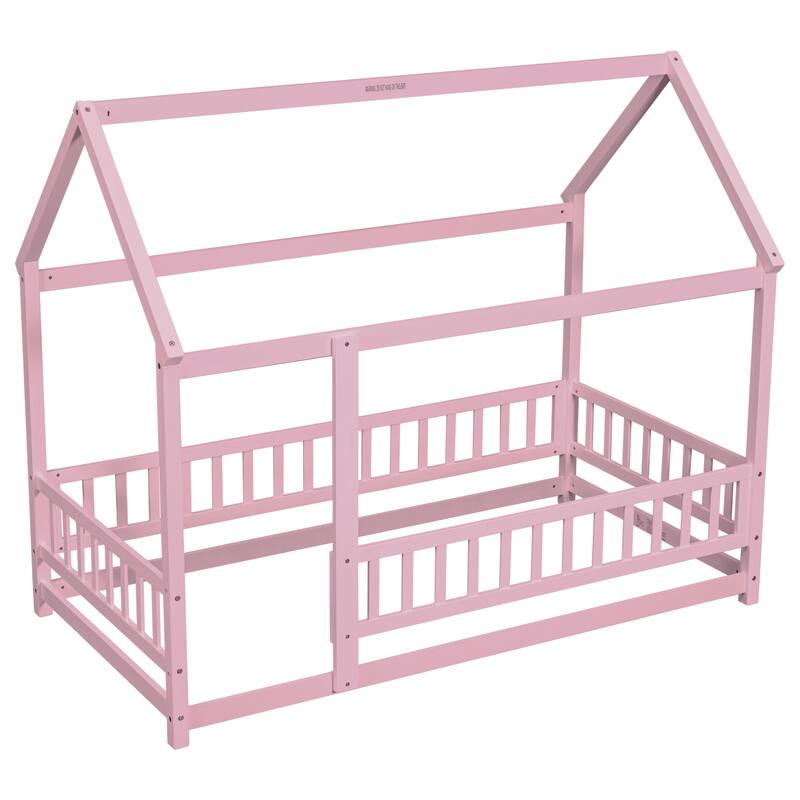 Twin Size Floor Wooden Bed with House Roof Frame, Fence Guardrails, NO Box Spring Required, Easy Assembly