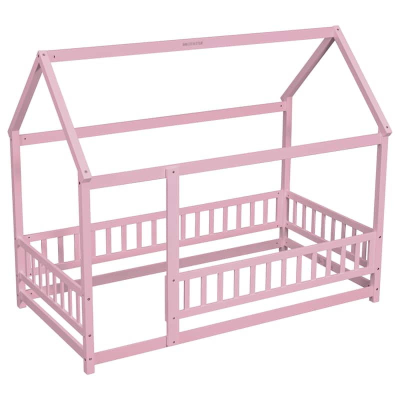 Twin Size Wooden Floor Bed with House Roof Frame, Fence Guardrails for Kids, Bedroom