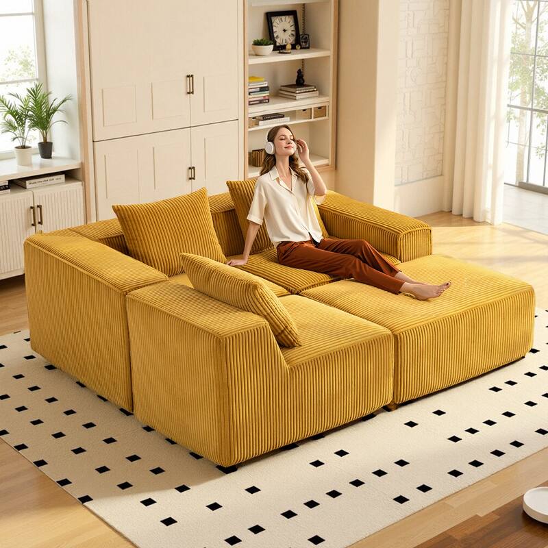Modular Sleeper Sofa Bed Corduroy L-shaped Sectional Sofa with Chaise Floor Standing Multi Person Compressed Sofa with Ottoman