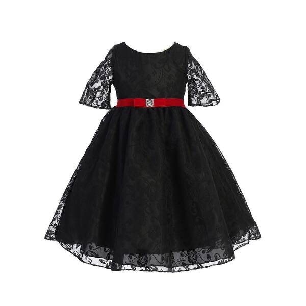 Ellie Kids Little Girls Black Velvet Lace Overlay Red Sash Christmas Dress Overstock 29108565