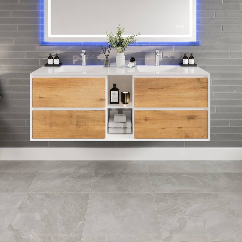 Eviva Vienna 60" WH Oak DS Bath Vanity with Integrated Acrylic Sinks