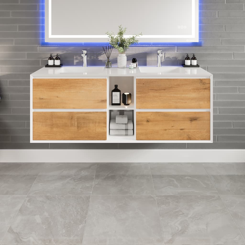 Eviva Vienna 60" WH Oak DS Bath Vanity with Integrated Acrylic Sinks