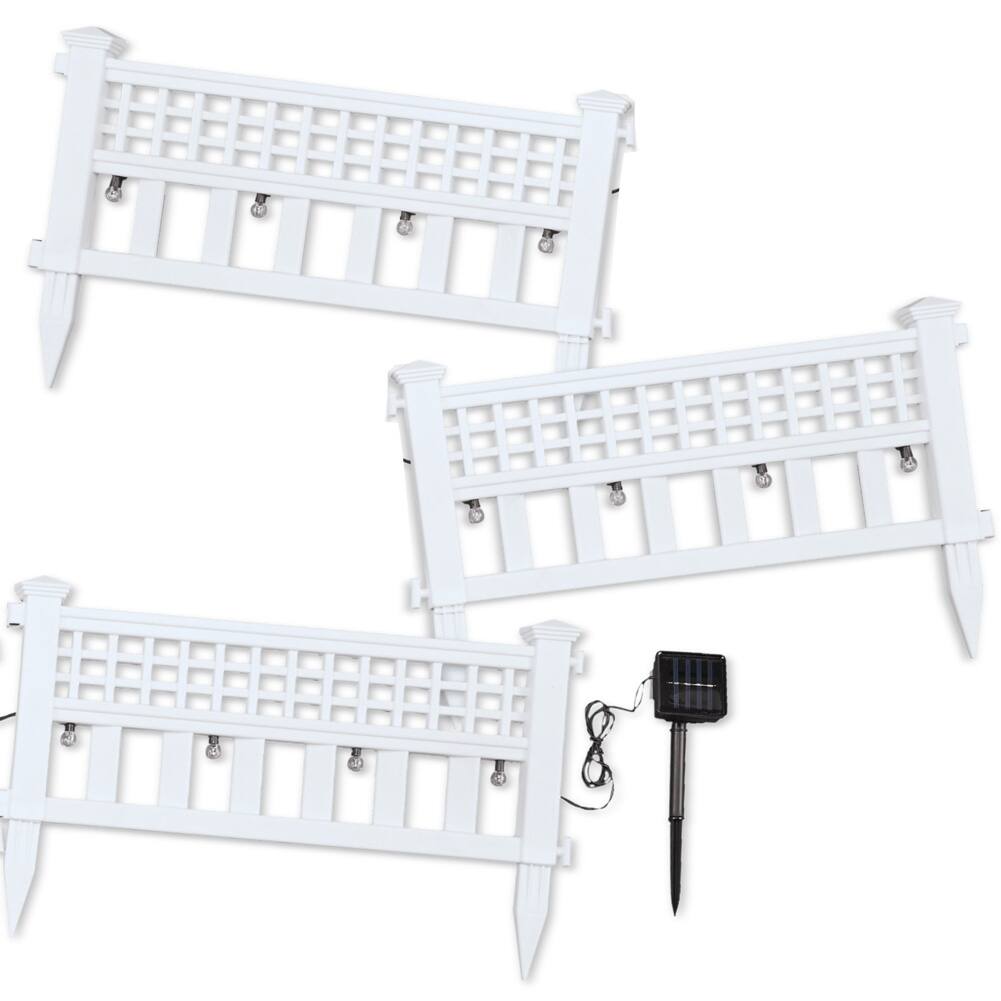 Solar Powered White Garden Border Fence - Set of 3 - 23.630 x 10.250 x 3.380
