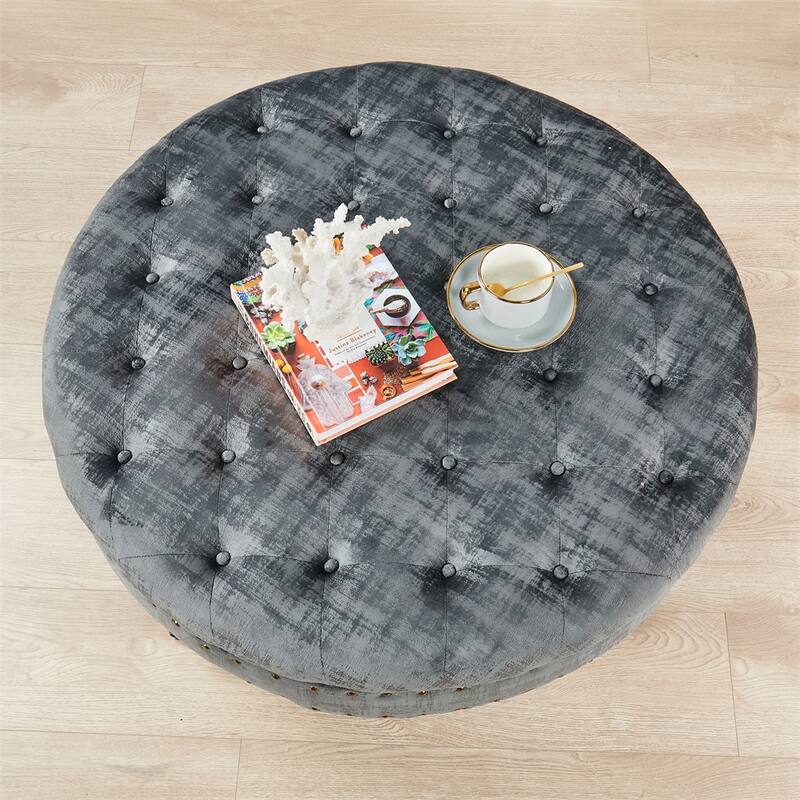 Round Velvet Tufted Coffee Table Ottoman, 34" x 34" x 17" H