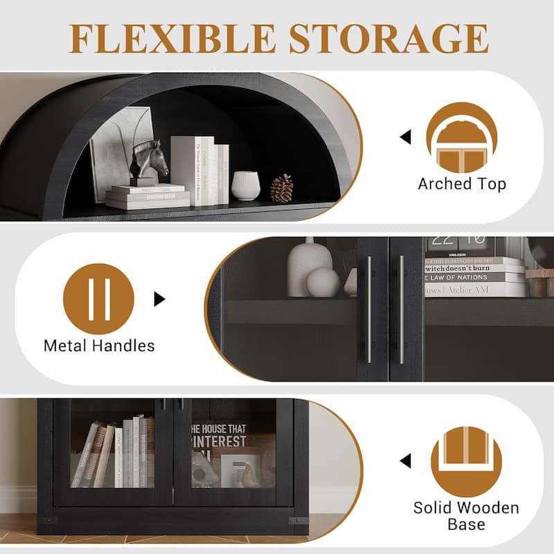 71.6" 5-Tier Arched Display Cabinet with Wooden Doors, Bookshelf - N/A