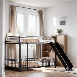 Twin over Twin Size Metal Bunk Bed with Slide and Guardrails, Black