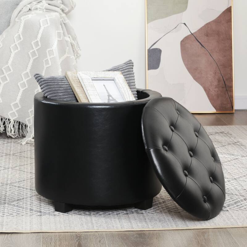 Adeco 17" Faux Leather Round Storage Ottoman with Tufted