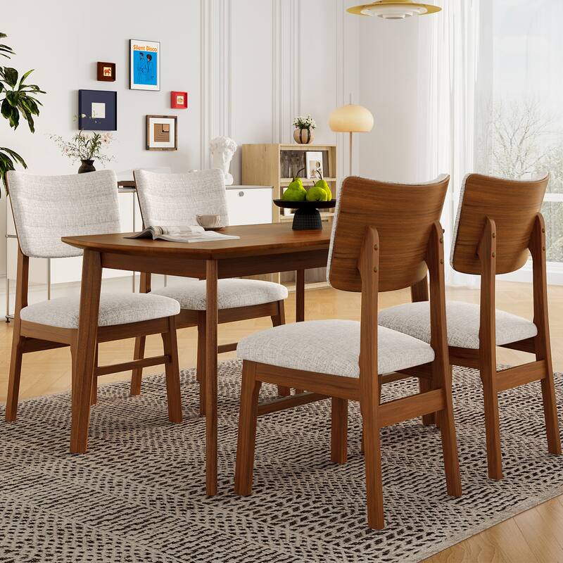 Farmhouse 5-Piece Dining Table Set, Rubberwood Table & 4 Upholstered Chairs Set, Space-Saving Dining Room Dining Set - Brown+Beige