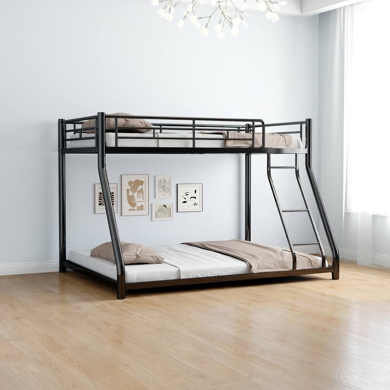 Twin Over Full Metal Bunk Bed, Heavy Duty Metal Bunk Bed Frame, Bunk Bed Twin Over Full with Ladder & Full-Length Guardrail